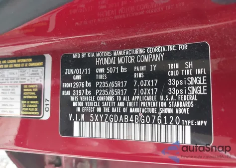 2011 Hyundai Santa Fe Gls from USA, damaged, VIN 5XYZGDAB4BG076120